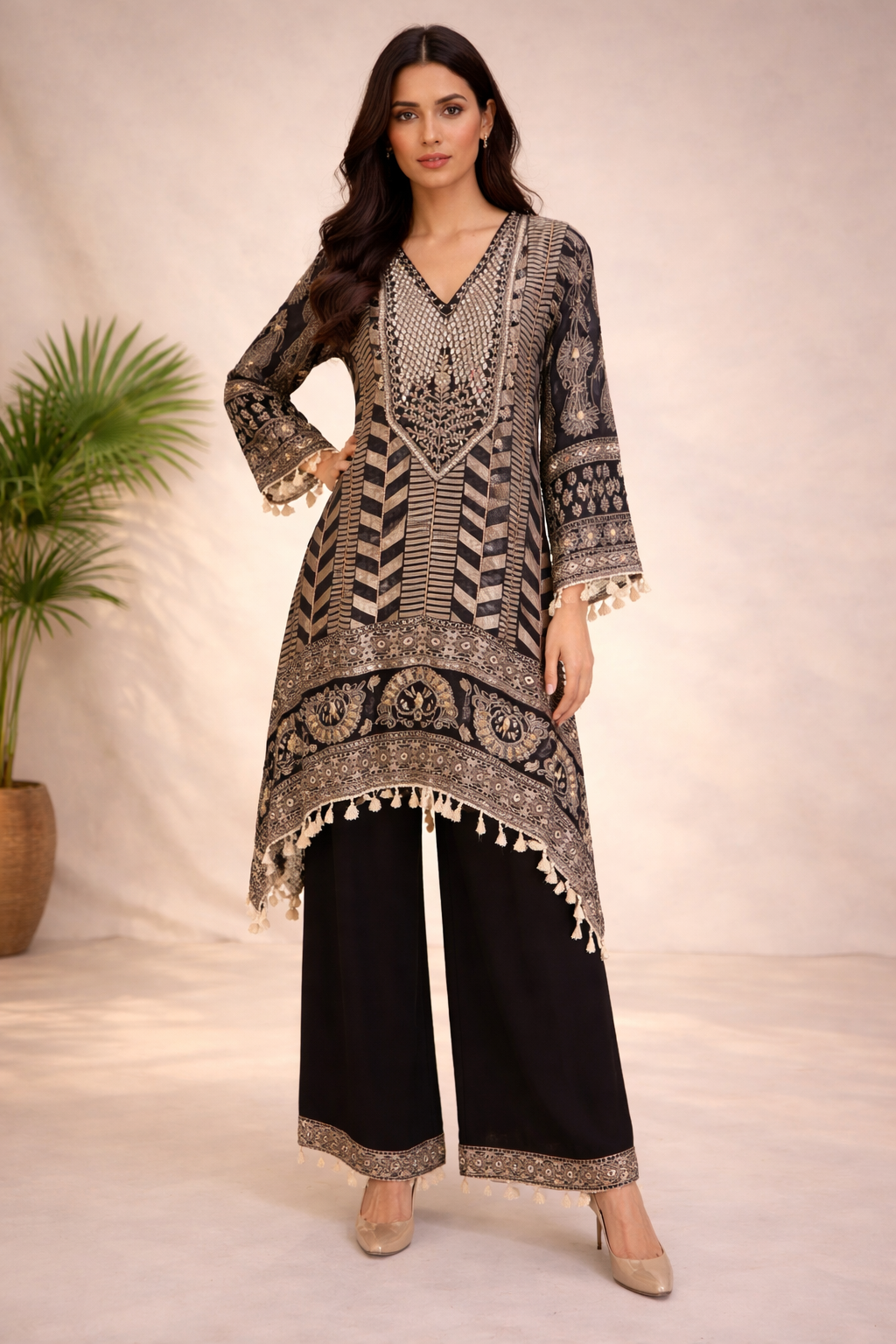 Women's Black Printed Silk Kurta Palazzo Set